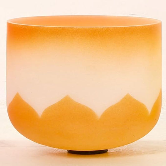 Leize Crystal Singing Bowl Lotus Design Colored Rim Chakra Tuned Quartz 11” wide Orange 432hz D Note with Suede Striker - Bloomnest