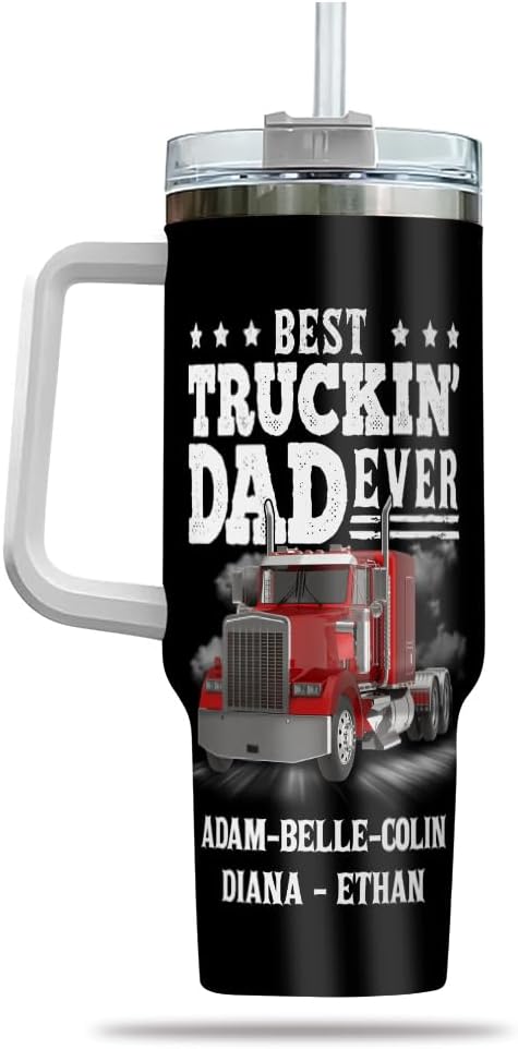 Best Truckin' Dad Ever Personalized Tumbler with Handle and Lid, Custom Truck Driver Nutrition Facts Mug, 20oz 30oz Insulated Stainless Steel Gift - Bloomnest