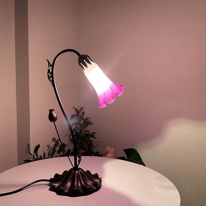 Bieye L10849 Lily Flower Blown Glass Accent Table Lamp for Living Room Bedroom Decoration (1-Light, Purple) - Bloomnest