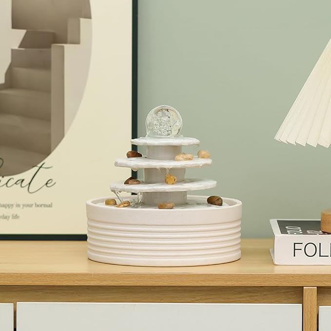 Outdoor and Indoor Ceramic Fountain Waterfall Water Feature Tabletop Home Office Kitchen Decoration (White)