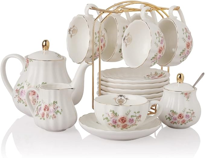 Porcelain Tea Sets British Royal Series, 8 OZ Cups & Saucer Service for 6, with Teapot Sugar Bowl Cream Pitcher Teaspoons and Tea Strainer, Suitable for High Tea, Wedding, Party（Rose Flower） - Bloomnest
