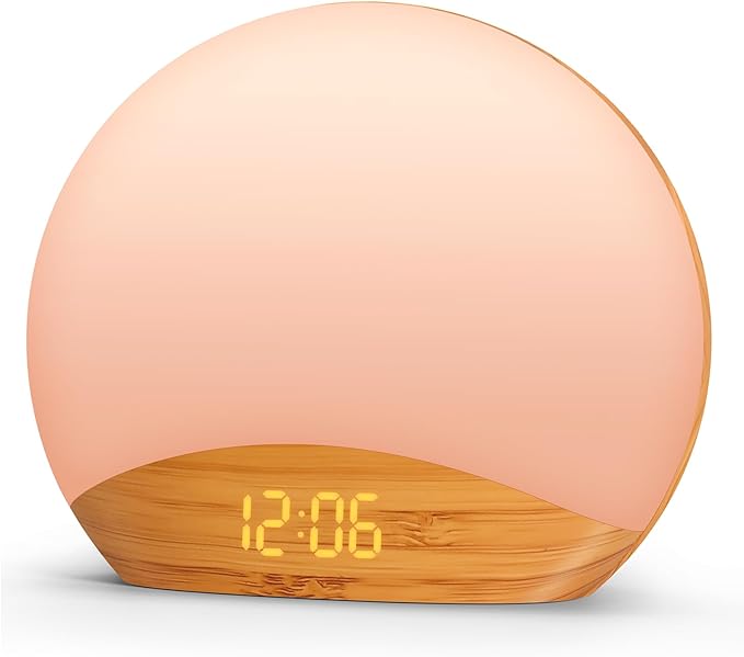 REACHER Wood Grain Sunrise Alarm Clock and Sound Machine Nightlight, Digital Dimmable Clock for Bedroom, 26 Sleep Sounds, White Noise Machine for Baby, Adults, Wake Up Light Alarm Clock for Kids - Bloomnest