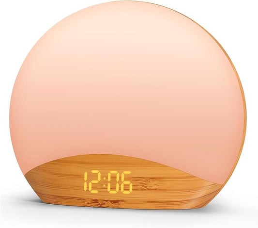 REACHER Wood Grain Sunrise Alarm Clock and Sound Machine Nightlight, Digital Dimmable Clock for Bedroom, 26 Sleep Sounds, White Noise Machine for Baby, Adults, Wake Up Light Alarm Clock for Kids - Bloomnest