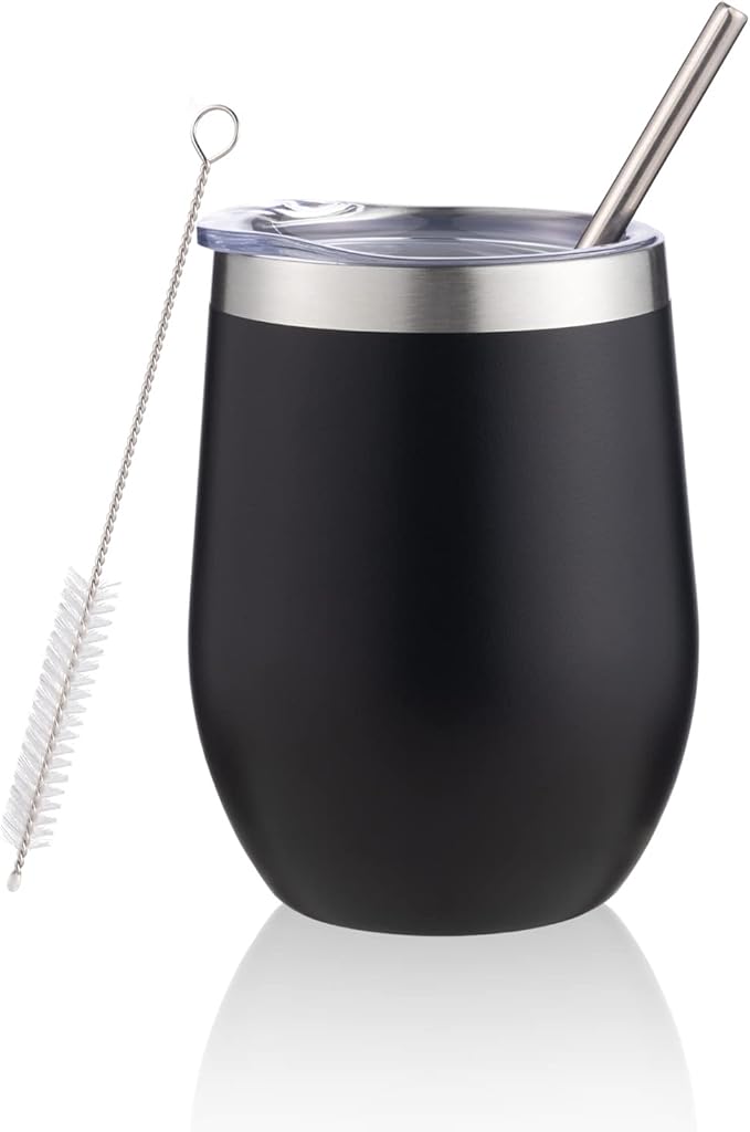 12 oz Insulated Wine Tumbler with Lid and Straw,Stainless Steel Stemless Wine Tumbler Glasses Double Wall Vacuum Wine Cups Tumbler Bulk for Coffee,Champaign,Cocktail（Black,1） - Bloomnest