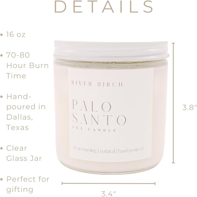 River Birch Candles Palo Santo Scented Candle | Premium, All-Natural, Non-Toxic, Soy Candles | 16oz 90 Hr Burn Time | Cozy Relaxing Gifts for Home - Bloomnest