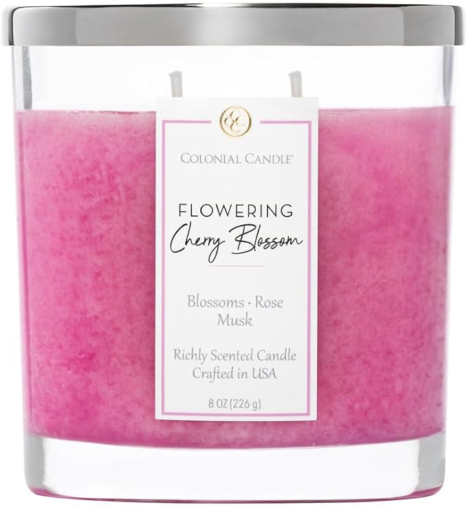 Colonial Candle Flowering Cherry Blossom Scented Candle Jar, Highly Fragranced Candles for Home Scented, Mottled Wax Candle, 2 Wick, 8 oz - Made in The USA - Bloomnest