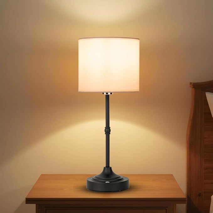 Rechargeable Table Lamp, Cordless Touch Lamps, Portable Desk Light with Stepless Dimmable Brightness & Fabric Shade for Nightstand Bedside Living Room (Black, Straight) - Bloomnest