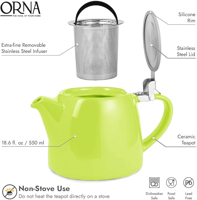 ORNA Ceramic Teapot with Tea Infuser – Small Tea Pot for Loose Leaf Tea – 550ml / 18.6 Oz Porcelain Non-Stove Teapot for 2 Cups with Tea Strainer (Lime) - Bloomnest