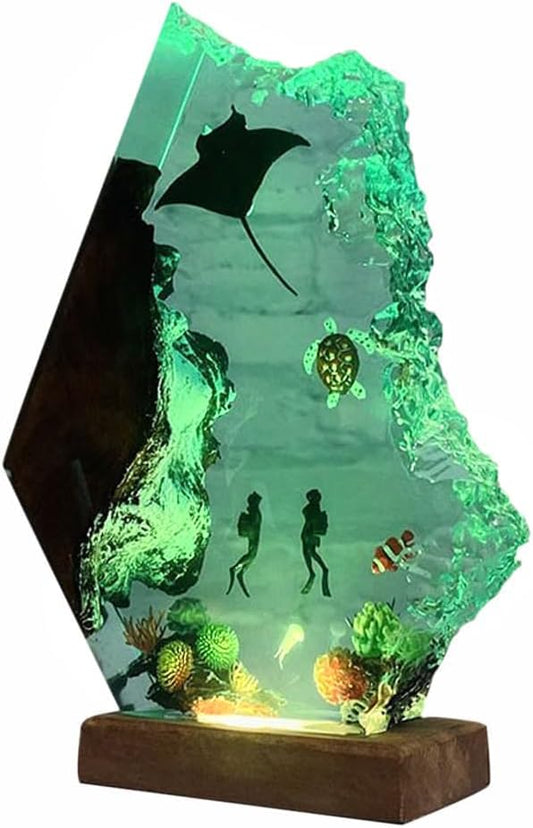 Handmade 3D Ocean Resin Lamp - USB Powered Resin Ocean Night Light with Wooden Base, Variable Lights, Scuba Diver Gifts, Bedroom Decor, Unique Gifts for Mother's Father's Birthday - Bloomnest