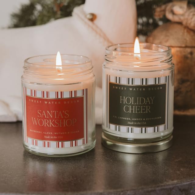 Sweet Water Decor Santa's Workshop Candle - Bayberry, Fir, Nutmeg, and Clove Winter Holiday Scented Soy Candles for Home - 9oz Clear Jar, 40 Hour Burn Time, Made in The USA - Bloomnest