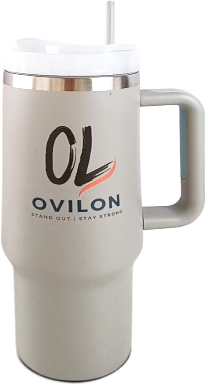Ovilon Premium Travel Tumbler with Handle – Insulated Hot & Cold Drink Cup, Easy Grip, Leak-Proof Lid, Stainless Steel Mug (Grey, 40oz) - Bloomnest