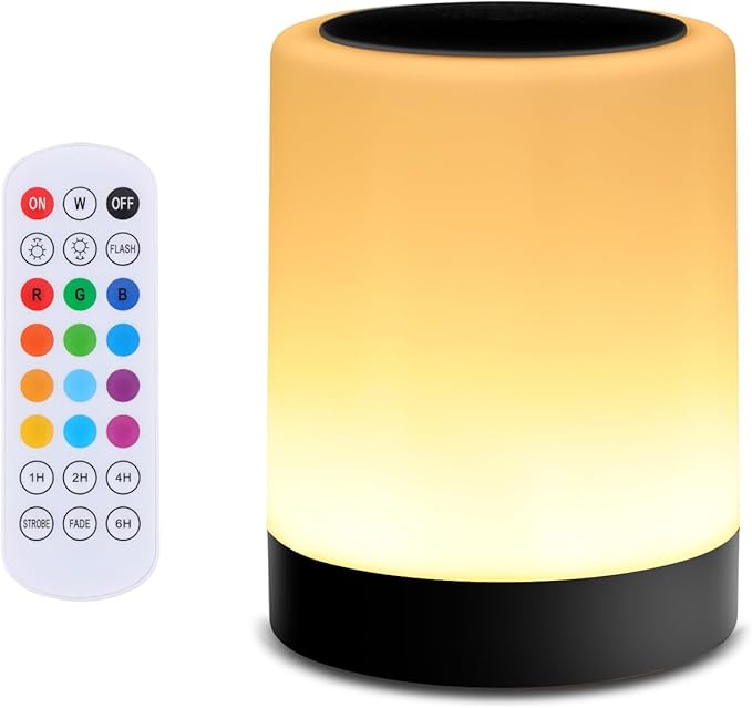 OORUN Touch Bedside Table Lamp,13 RGB Colors & 5 Brightness, USB Rechargeable Desk Lamp, Remote Control Dimmable Light with RGB Color Changing,Portable Lamp for Baby (Black) - Bloomnest