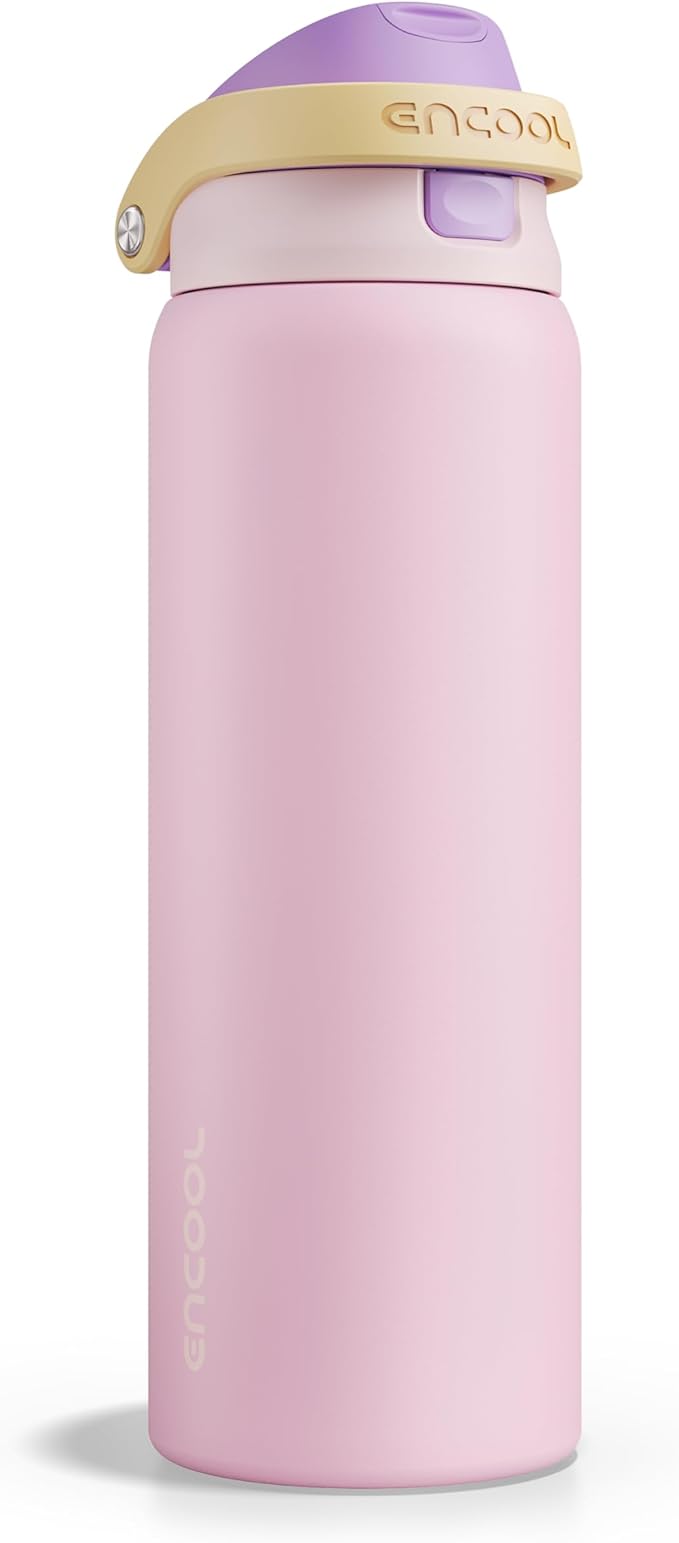 ENCOOL Leakproof Insulated Water Bottle with Straw Dual-Sip Water Bottle Bag-Safe Design for Work, Commute & Gym – Keeps Drinks Cold All Day, 32 oz, Peach Purple ENCOOL