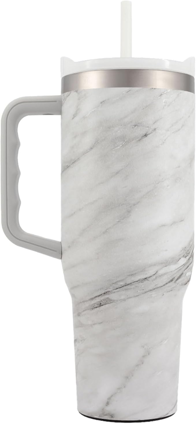 Yukon Outfitters Fit Forty 40oz Double Wall Vacuum Insulated Stainless Steel Tumbler with Reusable Straw & Ergonomic Handle | For Hot or Cold Beverage, White Marble - Bloomnest