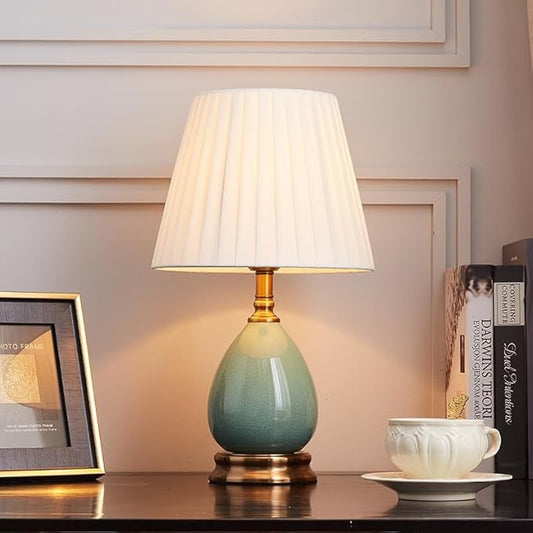 Large Table Light 3 Color Adjustable Ceramic Lamp Vintage Nightstand Lamps Dimmable Bedside Table Lamps for Living Room Bedroom Home Office (Green Fabric lampshade) - Bloomnest