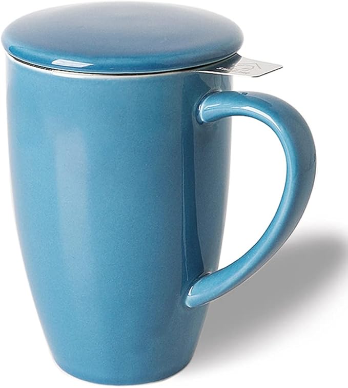 Sweejar Porcelain Tea Infuser Mug with Lid, 16 oz Teacup with Strainers for Loose Leaf Tea, Microwave and Dishwasher Safe Coffee Mug(Fog blue) - Bloomnest