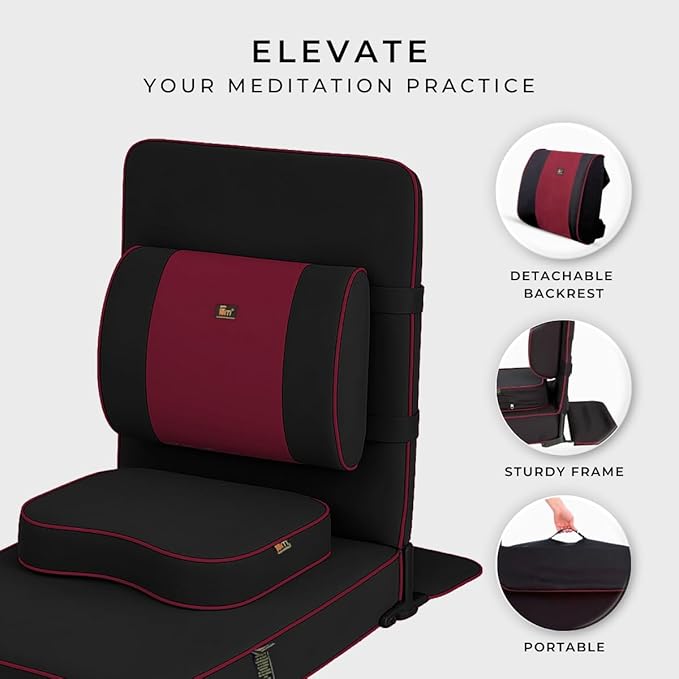 Friends of Meditation Extra Large Meditation Chair | Floor Chair with Back Support | Yoga Chairs for Adults | Portable Folding Chair | Yoga Chair with Cushion & Meditation Block | Black | 24x22 in - Bloomnest