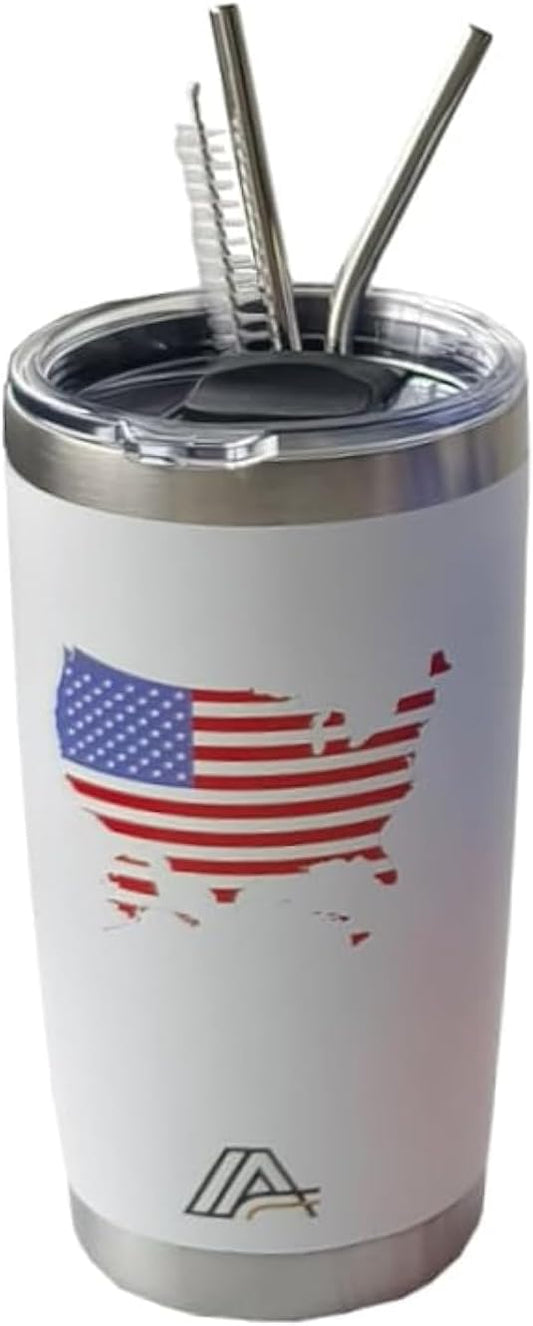 Tumbler 20oz Stainless Steel, Vacuum Insulated w/MagSlider Lid, USA Flag Theme on White, Double Wall, Keeps Drinks Cold & Hot, Patriotic Gift - Bloomnest