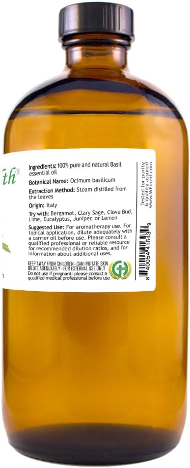 Basil Essential Oil – 16 fl oz (473 ml) Amber Glass Bottle – 100% Pure, Undiluted, Therapeutic Grade – Fresh, Herbaceous Aroma – GreenHealth - Bloomnest
