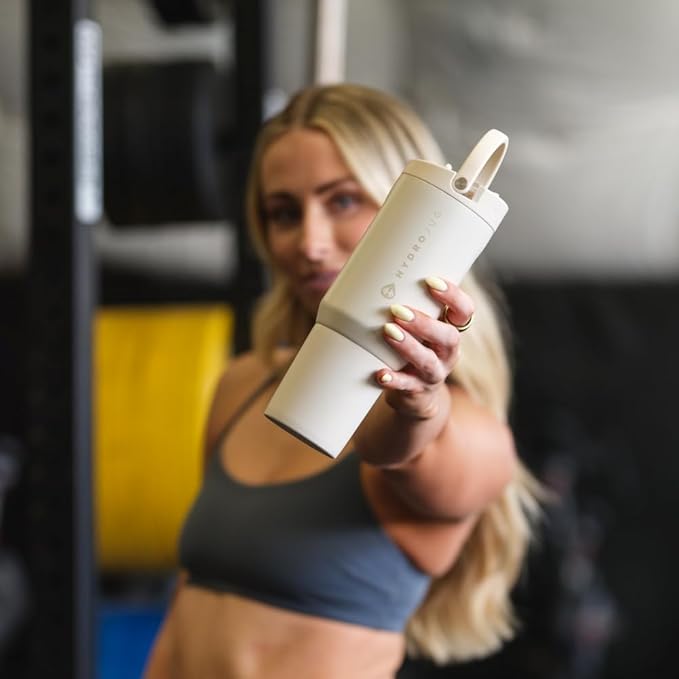 HydroJug Sport - Stainless Steel Tumbler with Straw, Vacuum Insulated, 20oz Leakproof Water Bottle, Ergonomic Design, Reusable, Dishwasher Safe, Rubber Base, Durable for Gym or Outdoors, Cream