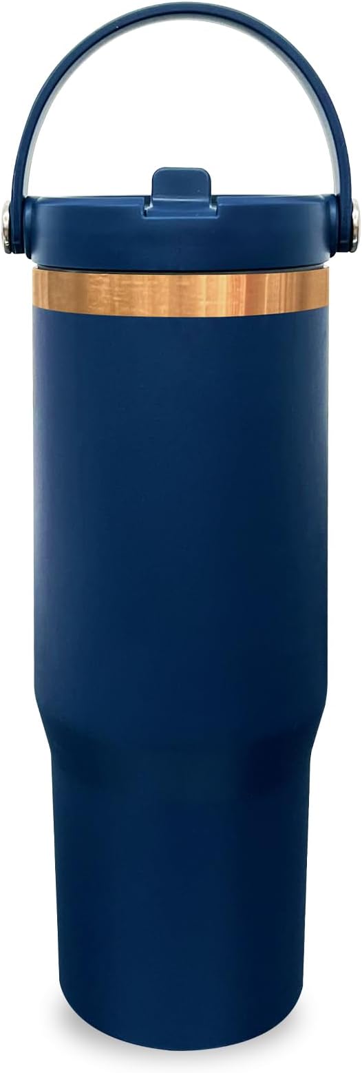 30 oz Tumbler with Handle, Double Wall Vacuum Insulated Tumblers with Flip Straw, Coffee Mug 30oz Powder Coated Cup for Hot and Cold Drinks(Copper Plated, Navy,1 pack)