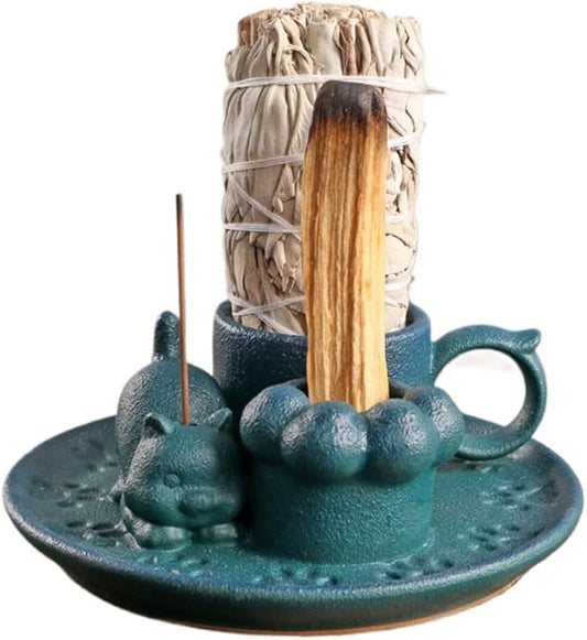 4 in 1 Casual Cat Incense Burner,Sage Holder Palo Santo Sticks Holder,Smudge Stick Ash Catcher Tray for Meditation Yoga Room (Blue) - Bloomnest