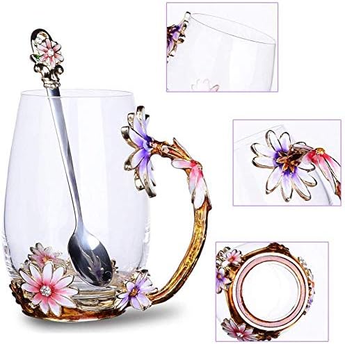 Luka Tech Enamel flower Lead-free Glass Coffee Mugs Tea Cup with Steel Spoon, Best Birthday Gifts For Women Wife Mom Friends Mothers Valentines Day Christmas - Bloomnest