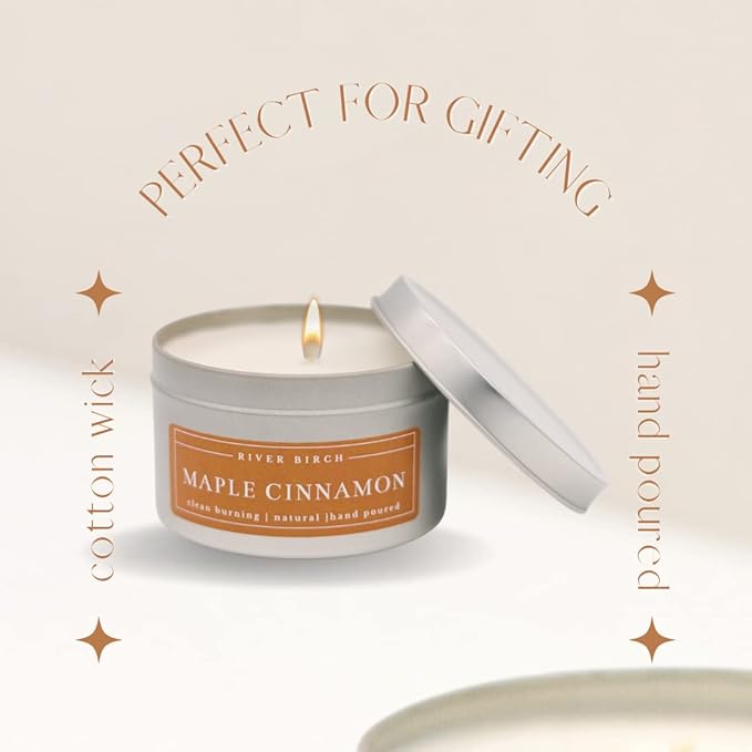 River Birch Candles Maple Cinnamon Scented Candle | Premium, All-Natural, Non-Toxic, Soy Candles | 8 oz. Silver Tin Travel Candle | Cozy Relaxing Gifts for Home - Bloomnest