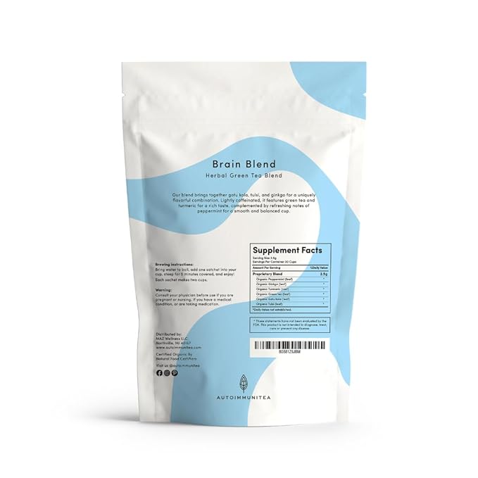 Brain Fog Tea for Herbal Focus & Memory, AIP AutoimmuniTea Protocol Diet Compliant Foods, Whole 30, Paleo Friendly - Nootropics Support Herbs Gingko Biloba, Peppermint, Gotu Kola - Bloomnest