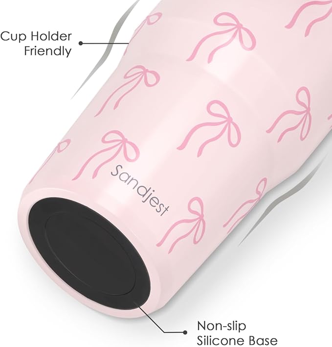 SANDJEST Pink Bow Stainless Steel Straw Lid Tumbler 30oz with Carry Handle for Women Girls, Insulated Travel Coffee Cup, Gift for Sports Outdoor Workout Christmas Birthday - Bloomnest