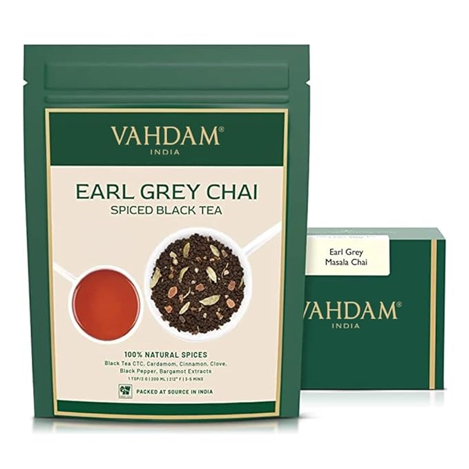 VAHDAM Earl Grey Masala Chai - High Caffeine, Non GMO, Gluten Free | Citrusy Earl Grey Tea Leaves w/ Pure Bergamot Oil | Brew Hot, Iced or Chai Latte | Vacuum Sealed Pack (50 Cups/3.53 oz) - Bloomnest