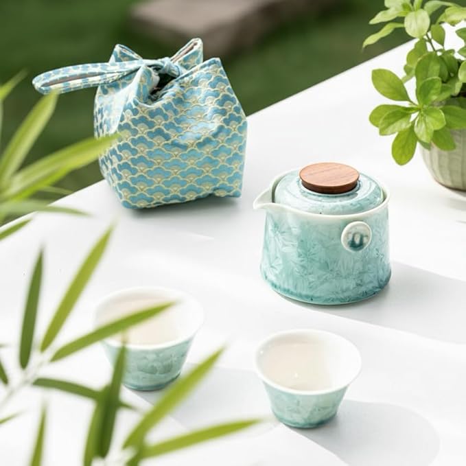 Hermit Life Chinese Travel Tea Set, Portable Ceramic Teapot for One to Two, Gongfu Tea Set with Crystal Glaze, 1 Pot 2 Cups, Gift for Tea Lovers (Mint Green) - Bloomnest