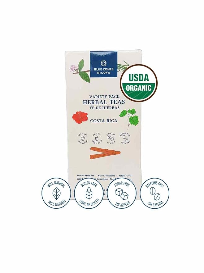 Blue Zones Nicoya - Herbal Tea Sampler Gift Set Box - 10 Lippia Alba & Hibiscus, 10 Chan & Lemon Grass, 10 Burbark & Spearmint, 10 Guava Leaves, 10 Maya Nut & Cinnamon, 10 Green Tea, 10 Black Tea, 10 Chamomile Tea Bags -100% Natural, Organic, and Refre... - Bloomnest