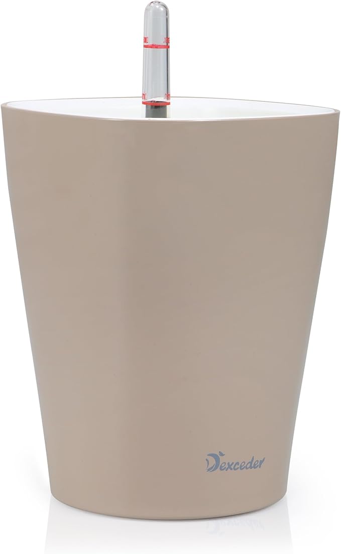 Dexceder 6x7 Self Watering Planter Indoor Outdoor, High Gloss Table Flower Plant Pot with Water Level Indicator (Taupe) - Bloomnest