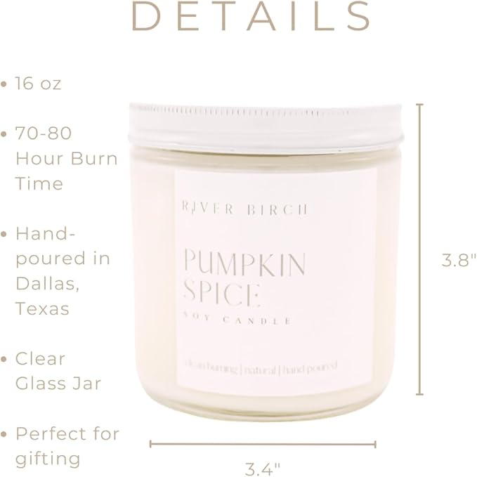 River Birch Candles Pumpkin Spice Scented Candle | Premium, All-Natural, Non-Toxic, Soy Candles | 16oz 90 Hr Burn Time | Cozy Relaxing Gifts for Home - Bloomnest