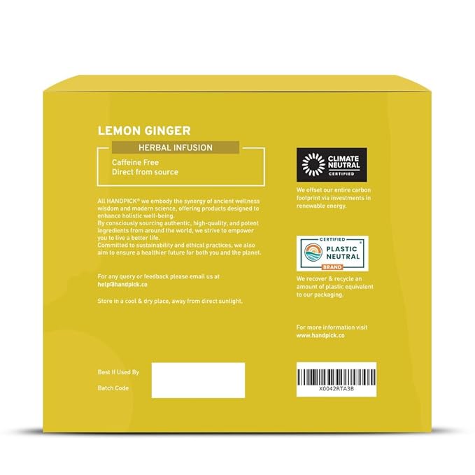 HANDPICK, Lemon Ginger Herbal Tea - 100 Pyramid Tea Bags | 100% Natural Ingredients, Tasty & Citrusy Hand-made Blend of Lemon & Ginger | Caffeine Free, Gluten Free | No Artificial Ingredients - Bloomnest