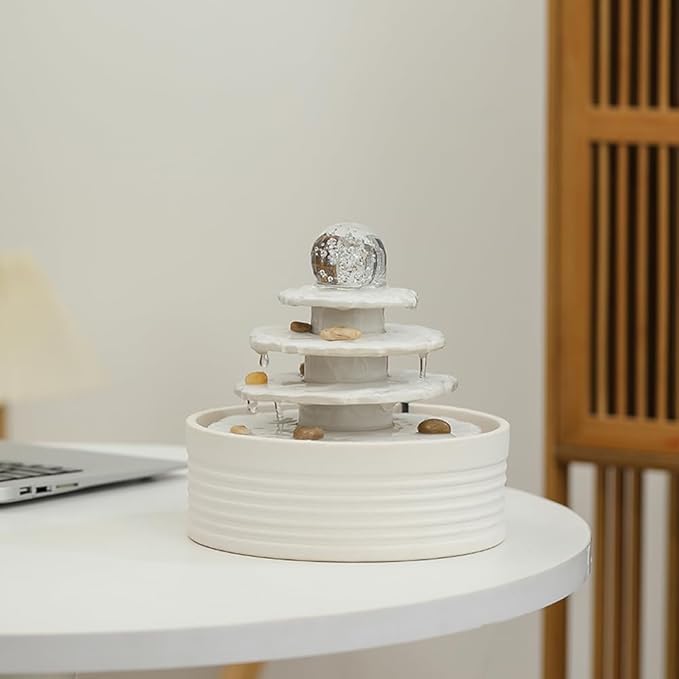 Outdoor and Indoor Ceramic Fountain Waterfall Water Feature Tabletop Home Office Kitchen Decoration (White)