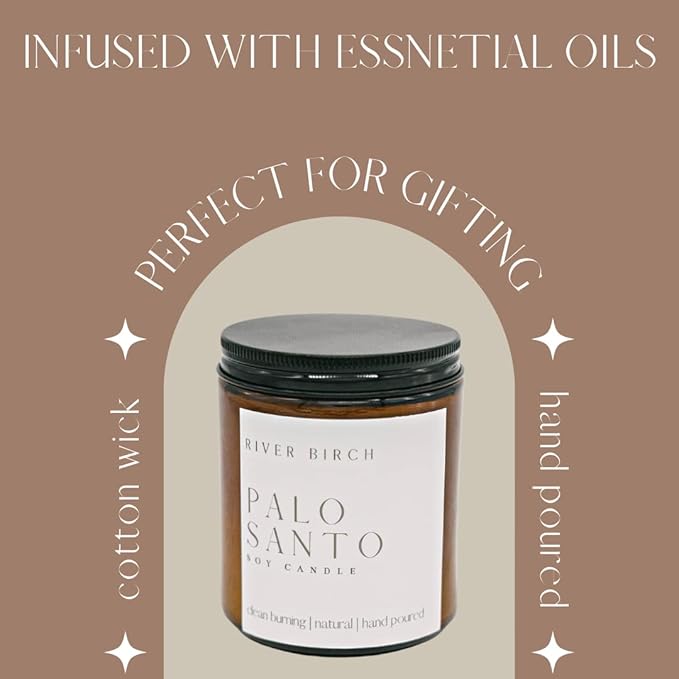 River Birch Candles Palo Santo Scented Candle | Premium, All-Natural, Non-Toxic, Soy Amber Jar Candles | 8.5oz 40 Hr Burn Time | Cozy Relaxing Gifts for Home - Bloomnest