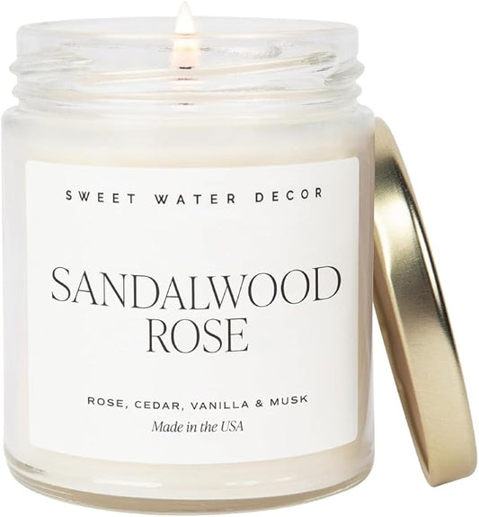 Sweet Water Decor Sandalwood Rose Candle - Green, Leafy, Winey, Rose and Guaiac Wood Scented Soy Floral Candles for Home - 9oz Clear Jar + Gold Lid, 40+ Hour Burn Time, Made in The USA - Bloomnest