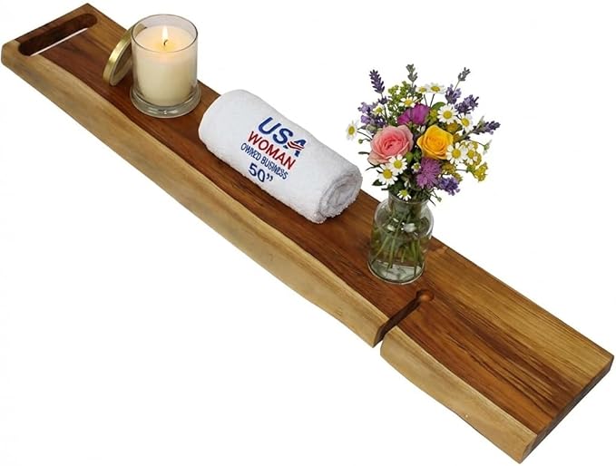 EcoDecors Eleganto 50" Live Edge Solid Teak Bath Caddy Tray with Handle, Book & Tablet Holder, Wine Glass Holders, Luxury Bathtub Tray - Bloomnest