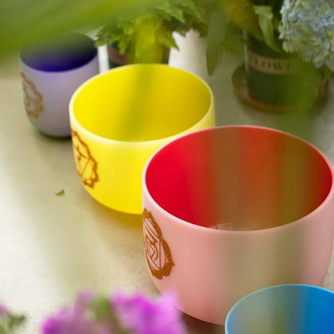 Hye-eun Colored Crystal Singing Bowls Chakra Set of 7, 432hz Frosted Sound Bowl 7-12 Inch Set with Carrying Case for Yoga Musical Vibration Sound Healing - Bloomnest