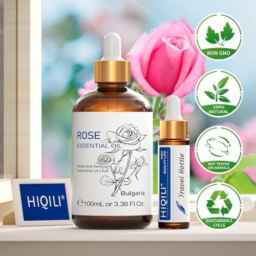 HIQILI 100ML Rose Essential Oil for Skin, Diffuser & Candle, 100% Pure and Natural - 3.38 Fl Oz - Bloomnest