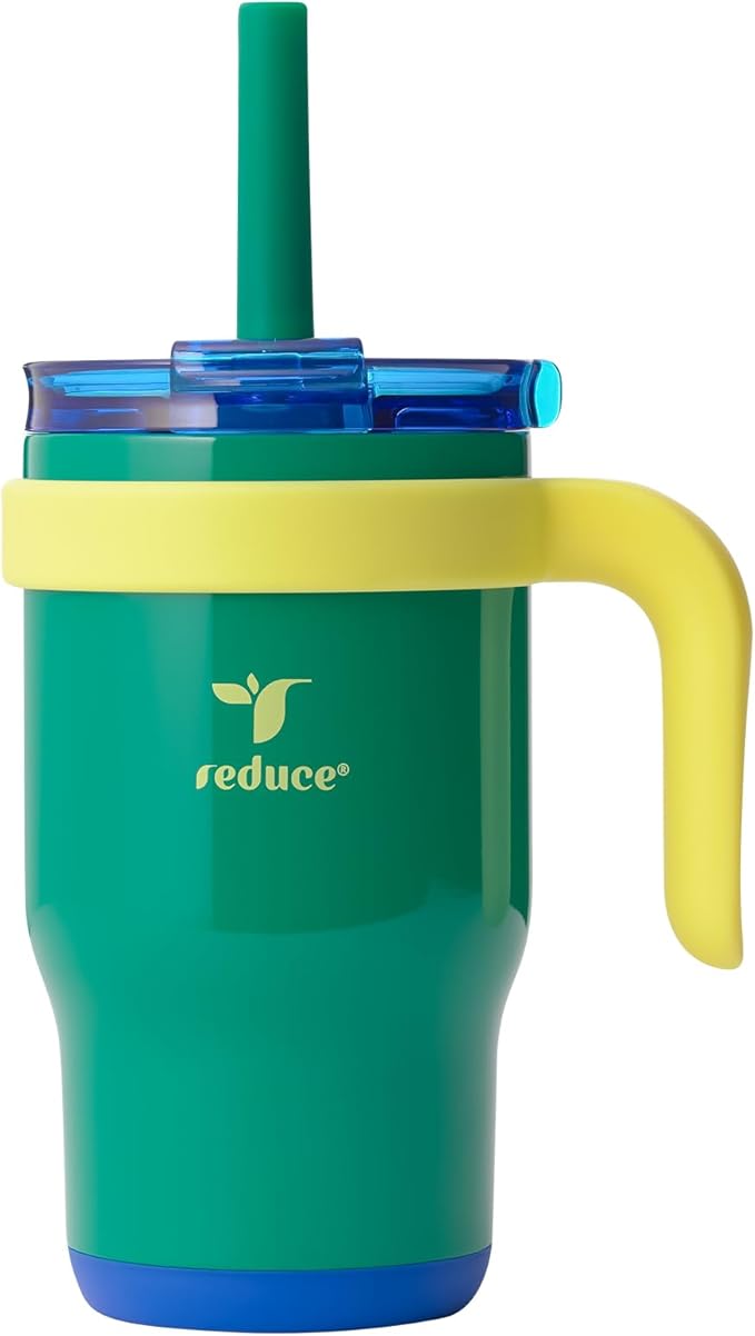 REDUCE 14 Oz Coldee Kids Tumbler with Lid and Straw - Coldee Insulated Travel Mug - Spill-Proof, Sweatproof Stainless Steel, BPA-Free - Includes Handle, Reusable Silicone Straw - Camp Green - Bloomnest