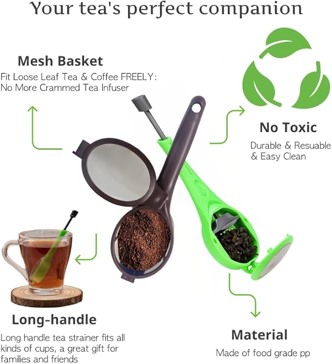 Long-Handled Tea Infuser & Coffee Filter Fine Mesh with Built-in Plunger Reusable Two Sides Strainers for Loose Tea/Coffee/Tea Bag/Herbal/Spice Portable Teaware Accessories, 2 Pack - Bloomnest