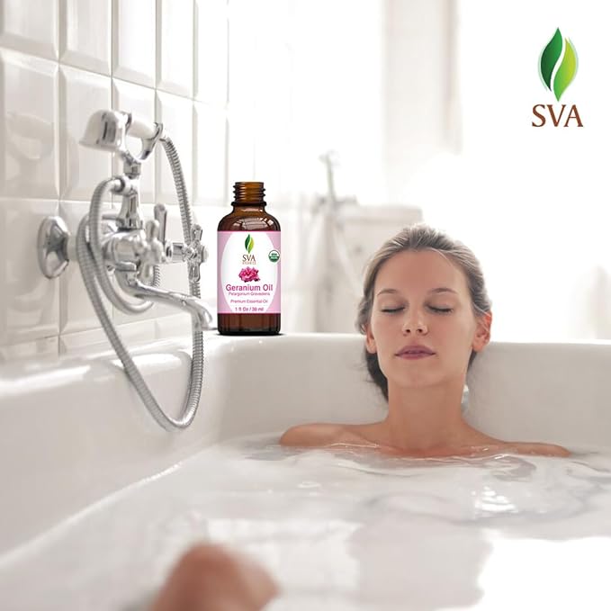 SVA Geranium Essential Oil Organic – 1 Fl Oz – 100% Natural Organic Geranium Oil - for Diffuser, Hair Care, Face, Skin Care, Aromatherapy, Scalp and Body Massage, Soap and Candle making – with Dropper - Bloomnest