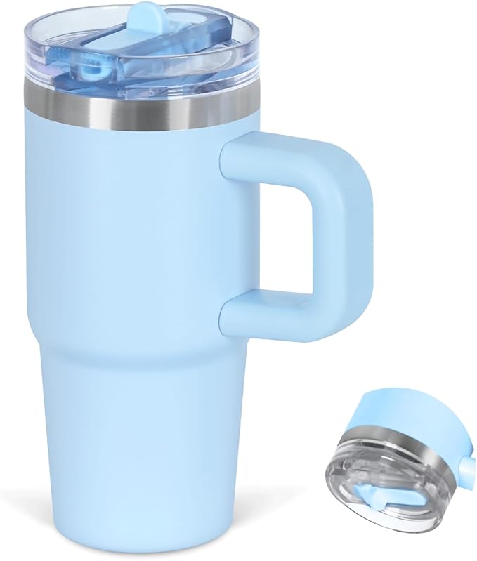 Cosictic 14 Oz Flip Straw Tumbler with Handle for Kids, Stainless Steel Double Wall Insulated Cup for Children with Flip Top Lid, 14 Oz Leak-proof Cups for Kids, Sky Blue - Bloomnest