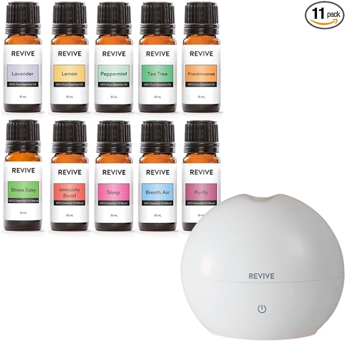 Starter Kit with Halo Diffuser by Revive Essential Oils - 100% Pure Therapeutic Grade, for Diffuser, Humidifier, Massage, Aromatherapy, Skin & Hair Care - Bloomnest