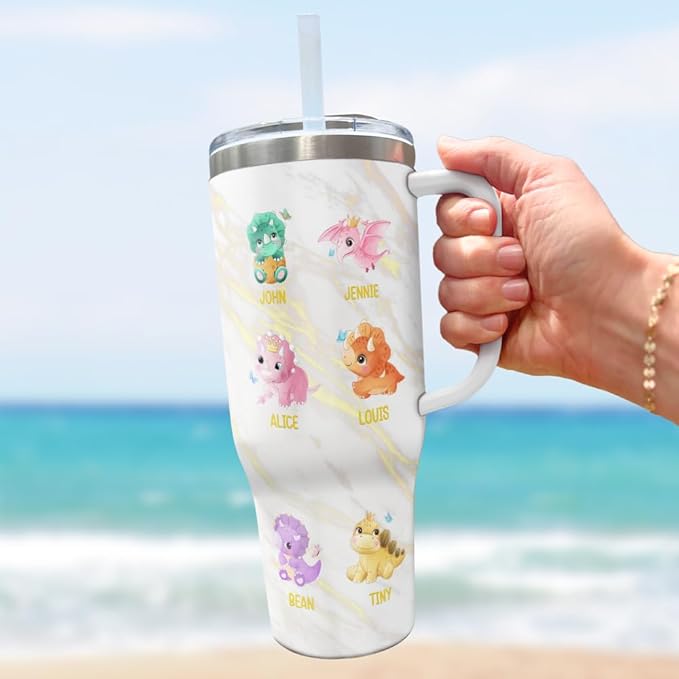 Personalized Dinosaur Dad Tumbler with Handle and Straw, Cute Custom Names and Baby Dino Design, Funny Father’s Day Gift for Dad or Papa from Kids - Bloomnest
