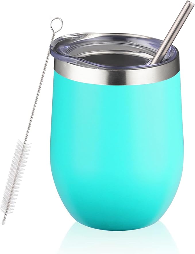 12 oz Insulated Wine Tumbler with Lid and Straw,Stainless Steel Stemless Wine Tumbler Glasses Double Wall Vacuum Wine Cups Tumbler for Coffee,Champaign,Office（Mint Green,1） - Bloomnest