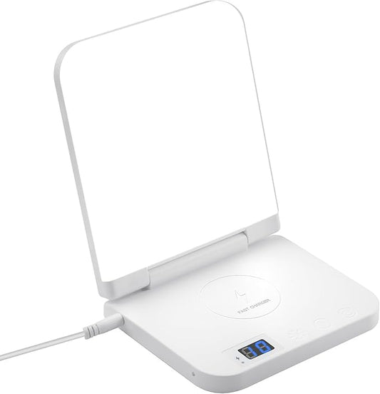 Light Therapy Lamp with Wireless Phone Charger Pad, 2 in 1, 10,000 Lux Bright White UV-Free LED, Anti-Glare, 5 Adjustable Brightness, Sunlight Lamp with Timer, Energy Booster - Bloomnest